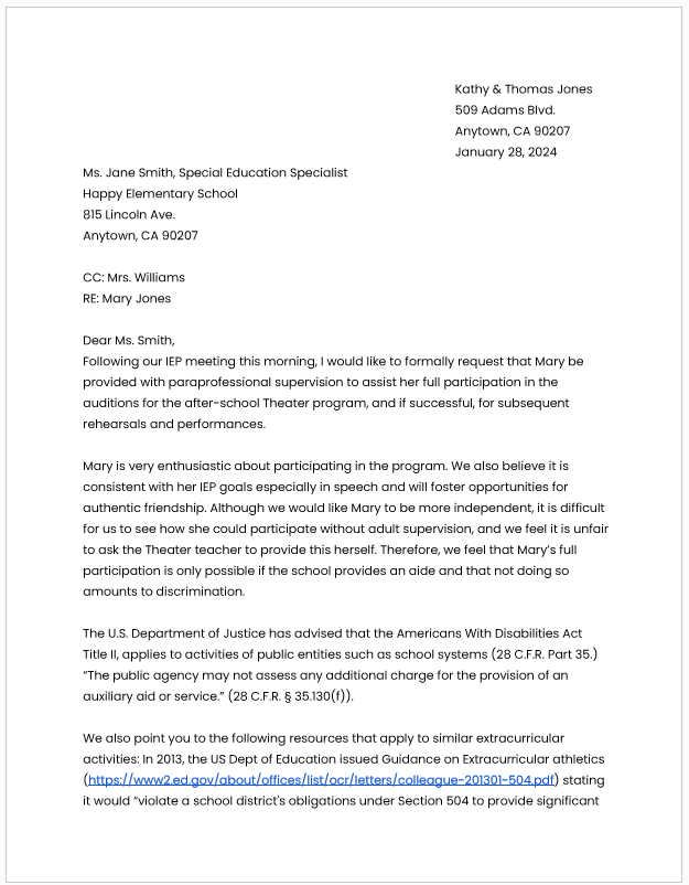 How to Request 1:1 Aide Template Letter